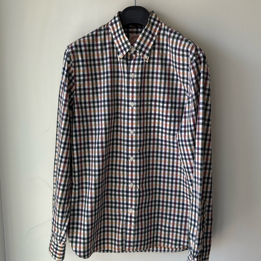 Brooks Brothers Red Fleece lightweight button down in yellow and black check Med